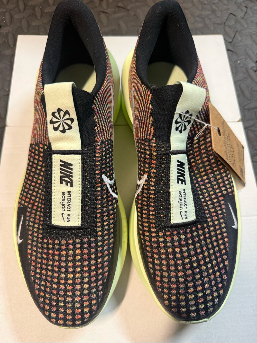 Nike Men’s Black Multicolor Flyknit Slip-On Running Shoes with Neon Yellow Sole
